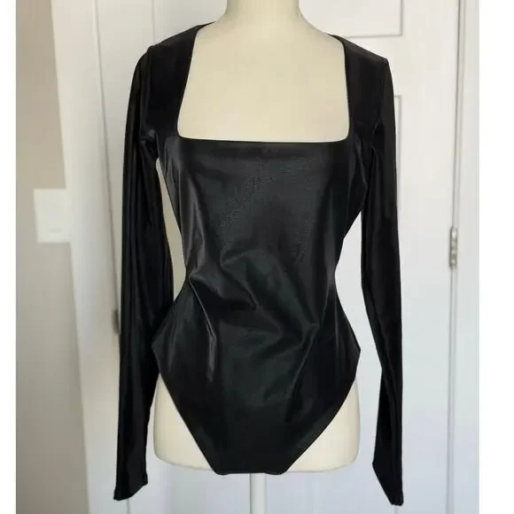 NWT Naked Wardrobe Liquid Faux Suede Square Neck Bodysuit Black Large - Picture 2 of 11